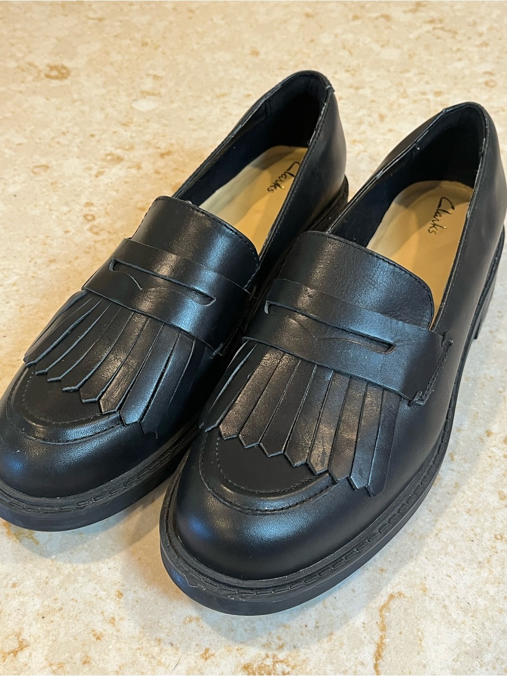 Clarks women Black Leather Kiltie Penny Loafers